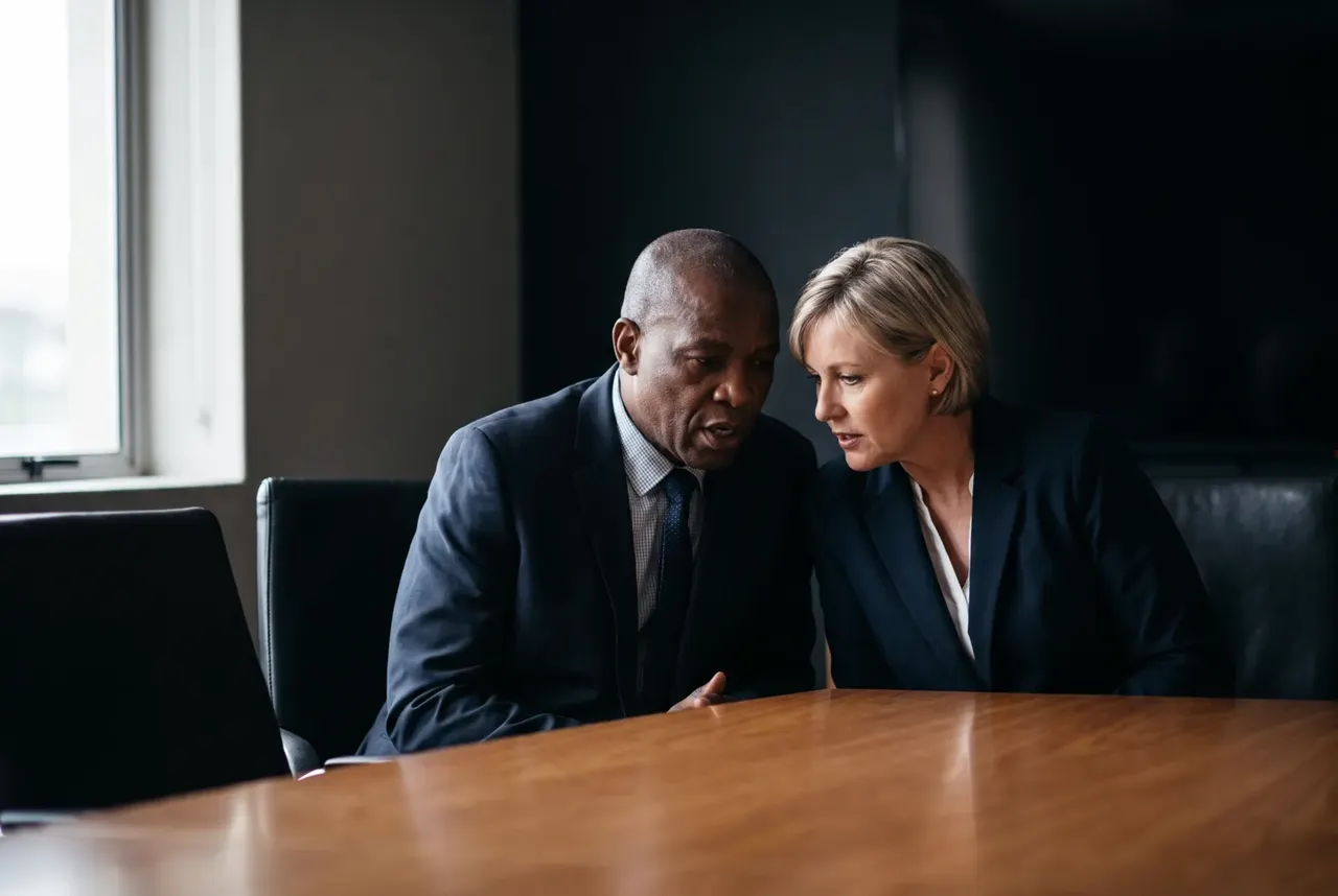 Two senior corporate executives conferring over a laptop in a boardroom