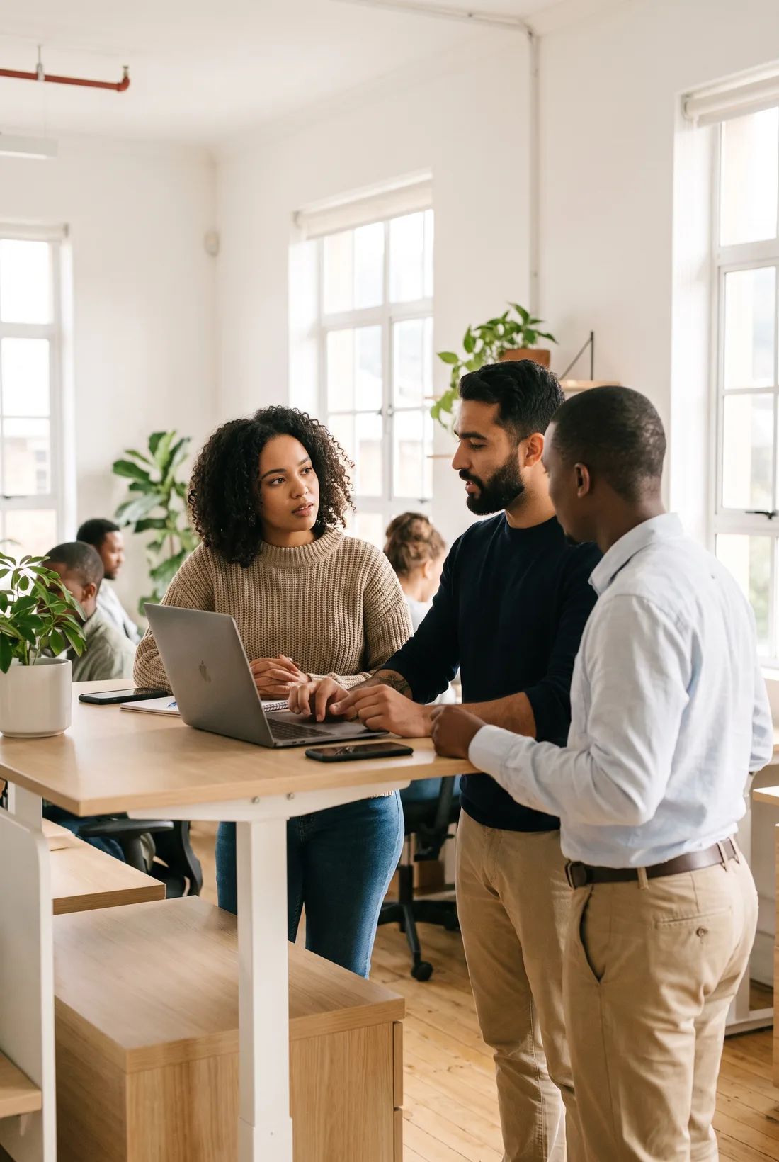 Three colleagues standing around a desk in a bright office, one explaining something at a laptop.