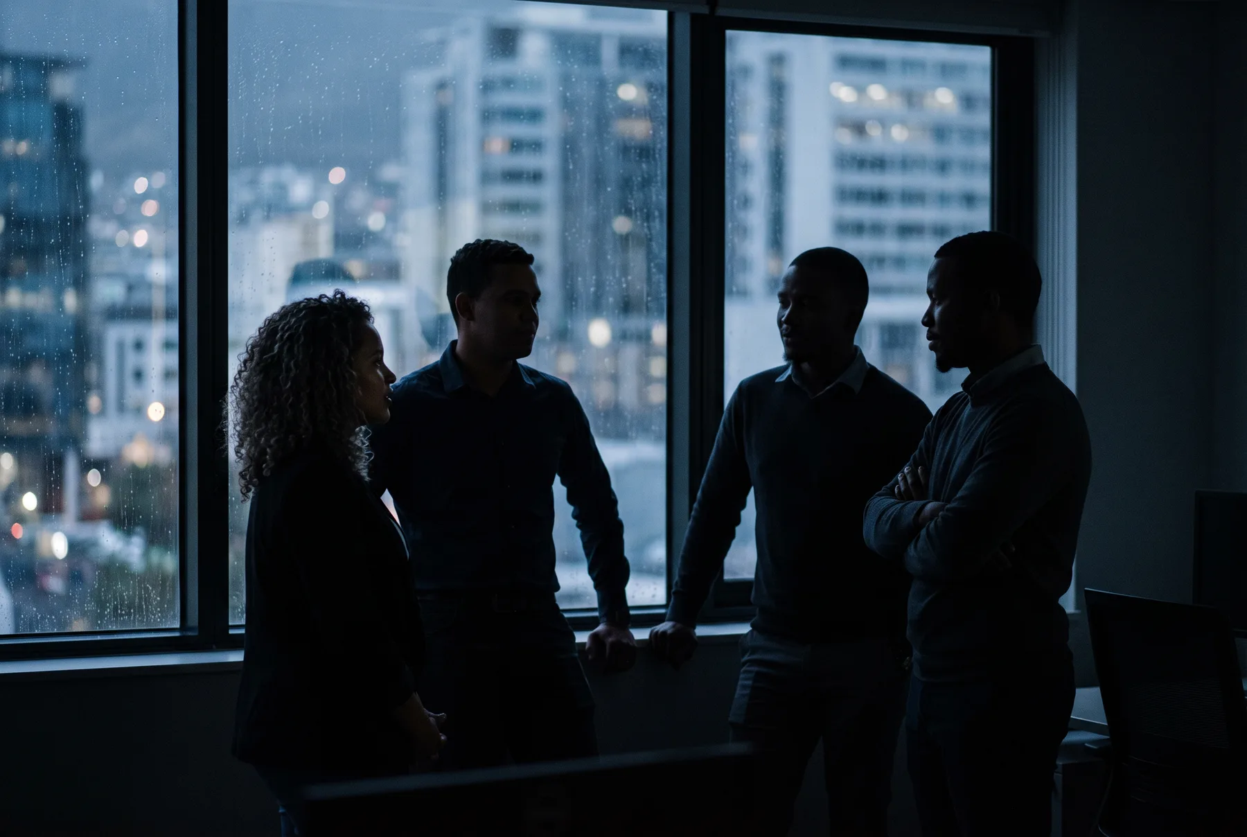 Four colleagues in silhouette talking by a rain-streaked office window above a city at dusk.